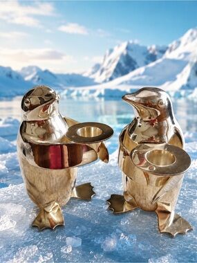 Restoration Hardware Silver Plated Penguin Taper Candle Holders Pair EUC